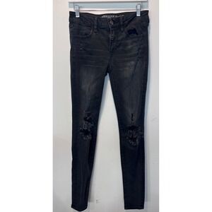 American Eagle Jeggings Black Wash Distressed Ripped Super‎ Stretch Jeans